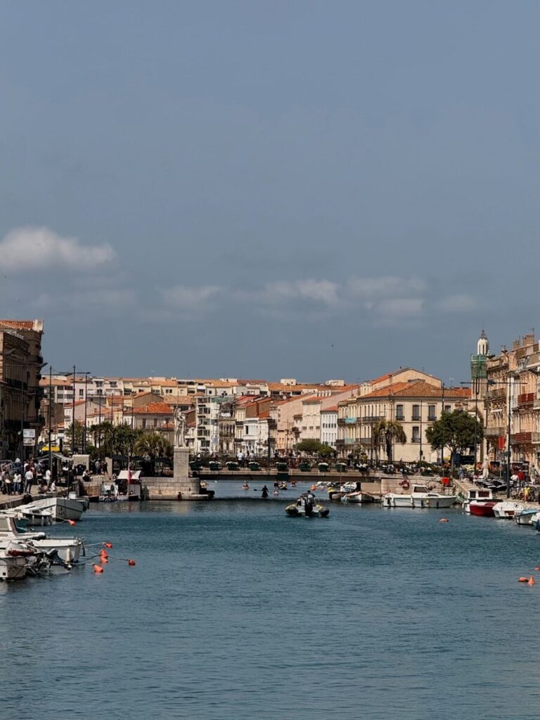 A view of a harbor with buildings.